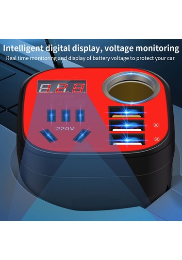 Skycity Araç Invertörü 12v/24v'den 220v'ye Dönüştürücü, Led Ekranlı, Qc3.0 Hızlı Şarj, Süper Şarj, Çok Fonksiyonlu Usb Soketi, Siyah 200w