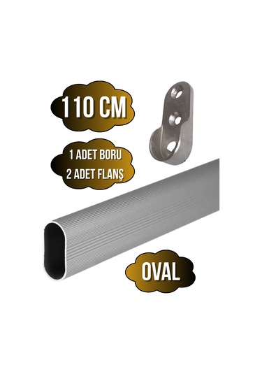 Alüminyum Oval Dolap Mobilya Askı Borusu 110cm 2 Adet Flanş-1 Adet Boru Alüminyum Gri