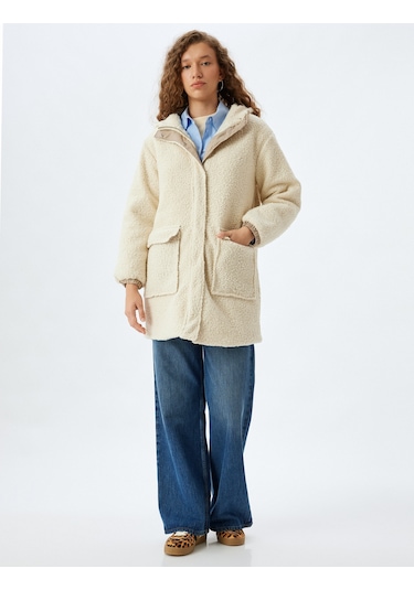 Koton Peluş Mont Kapüşonlu Fermuarlı Cep Detaylı Astarlı Çıtçıt Düğmeli Ekru 5wal00002ıw Ekru