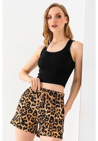 Giysa Kadın Beli Ayarlanabilir Çift Cepli Desenli Şort Leopar - 10047 Leopar