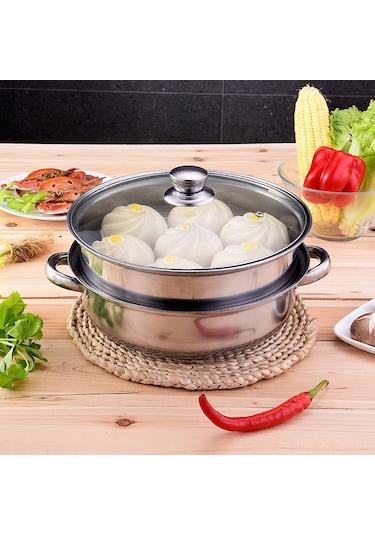 Hangfox 28cm Çift Katlı Paslanmaz Çelik Yemek Tenceresı - Buğulama & Kaynatma Fonksiyonu - Kaliteli Ev Aletı Gri