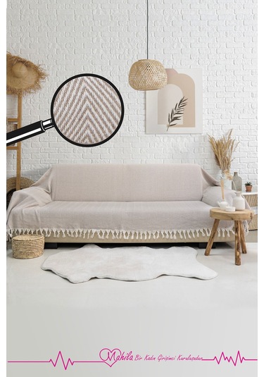 Klasik Pamuklu Koltuk Örtüsü 180x300 Cm Kolları Örten Balık Sırtı Desen Koltuk Örtüsü Bej