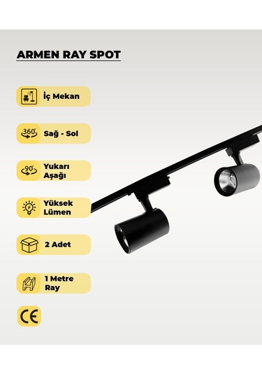 Armen 2 Adet Siyah Kasa Günışığı Ray Spot Set Ve 1 Metre Ray Set Siyah