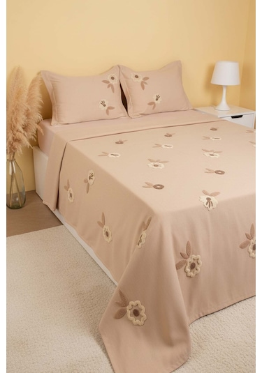 Cappy Lalezar Çift Kişilik Nakışlı Yatak Örtüsü Seti Kahverengi