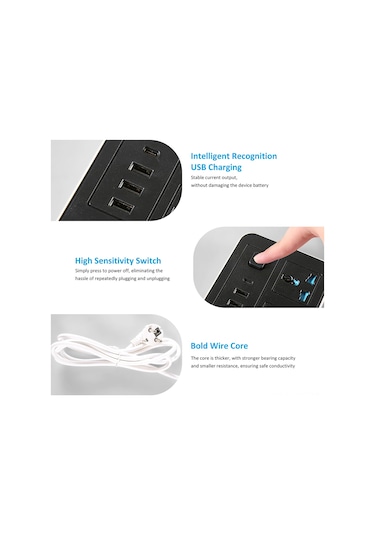Shineyee Eu Standart 220-240v 6 Prizi + 3 Usb + 1 Type-c, Bağımsız Anahtar, 2m Kablolu, Siyah Beyaz Renkli Çok Fonksiyonlu Soket