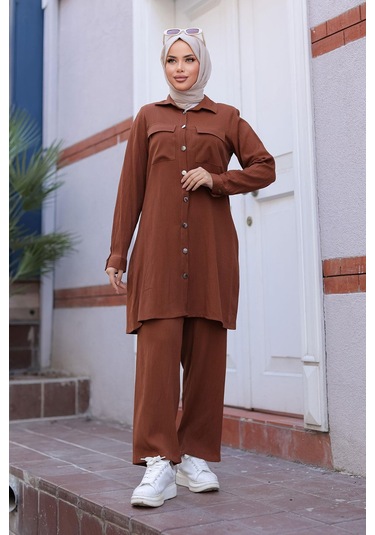Cep Detaylı Tesettür Kahverengi Takım Kahverengi