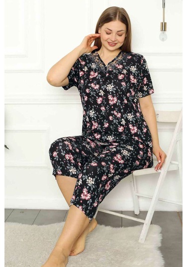Alimer Kadın Siyah Büyük Beden Bermuda Viskon Pijama Takm 2708b-s Siyah