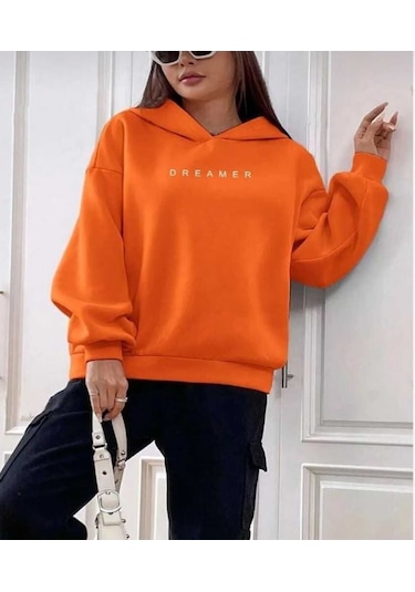 Kozia Outdoors Dramer Baskili Kapşonlu Oversize Unisex Swetshirt Turuncu