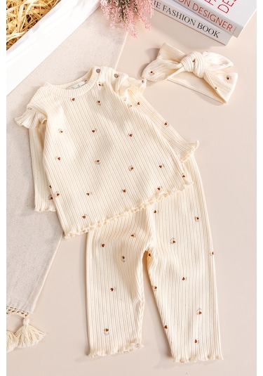 Babymod Çiçek Desenli Pamuklu 3'lü Kız Bebek Takım Ekru