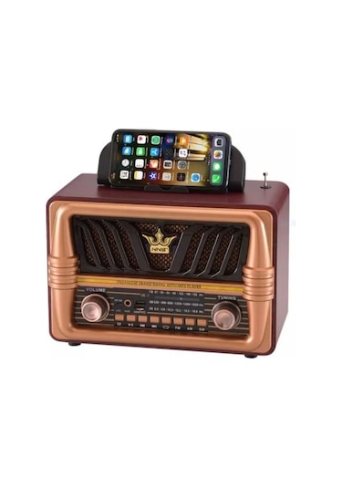 River World Ahşap Retro Tasarımlı Radyo Bluetooth Hoparlörlü Şarjlı Büyük Boy Telefon Tutma Saplı