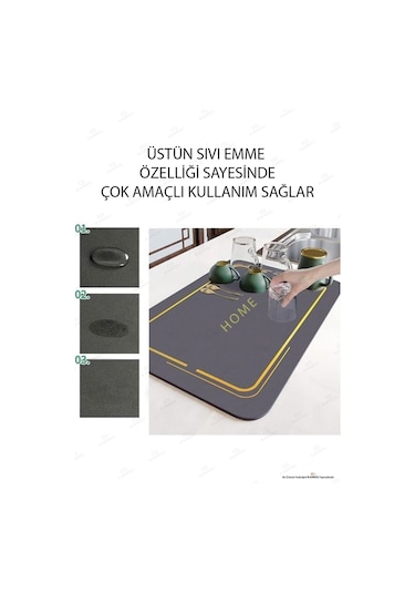 1 Adet - Gri 35x50cm Bulaşık Matı, Kurulama Matı, Tezgah Üstü Mat, Su Emen Mat, Lavabo Paspası