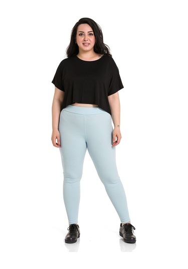 Büyük Beden Fitilli Beli Lastikli Bilekte Bebe Mavi Bayan Tayt