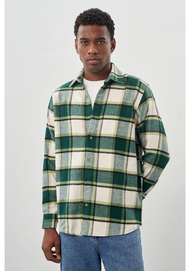 Koyu Lacivert Yünlü Ekose Desen Yumuşak Yaka Cepsiz Uzun Kol Casual Comfort Fit Gömlek 1004245227 Koyu Lacivert