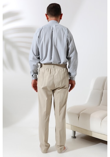 Erkek Krem Rahat Kesim Beli Lastikli Keten Hac Ve Umre Şalvar Pantolon Krem