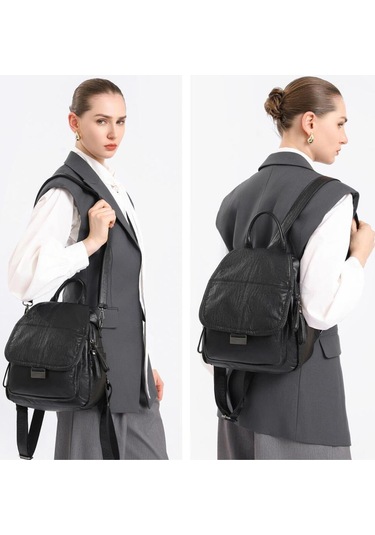 Yıkama Deri Sırt Askılı Kadın Çantası 21-k Barcelona 1908 Koyu Gri