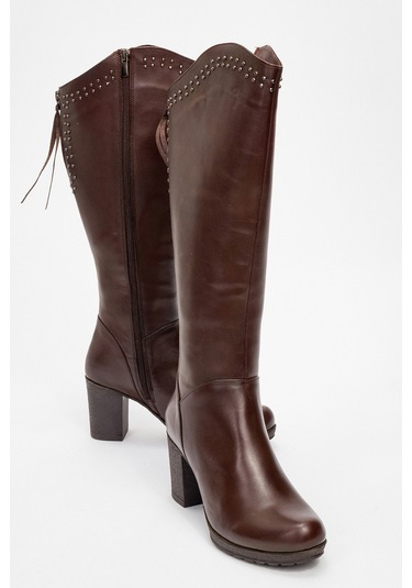 Kadın Yüksek Topuklu Fermuarlı Çizme Gerçek Deri Br 08012 Kahverengi Null Kahverengi