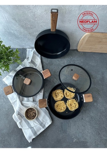 Neoflam Bien Black 5 Parça Indüksiyonlu Tencere Tava Seti, Akasya Ağacı Sap Ve Kulplu