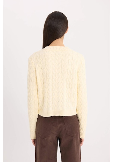 DeFacto Regular Fit Bisiklet Yaka Saç Örgülü Düğmeli Triko Hırka C9044AX24WNER109 Ekru