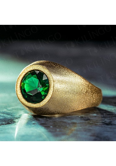 925 Ayar Gümüş Altın Kaplama Yuvarlak Yeşil Zirkon Taşlı Sade Erkek Yüzük Gümüş