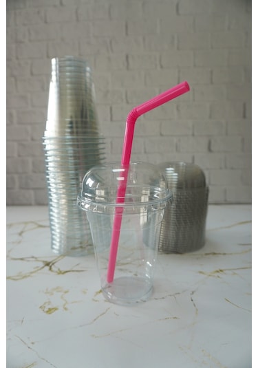 5'li Plastik Milkshake Bardağı Kapak Pipet 12 Oz 350 Cc