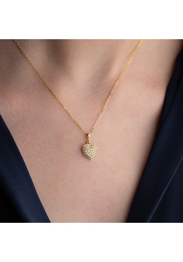 925 Ayar Gümüş Taşlı Bombeli Kalp Kolye Gold