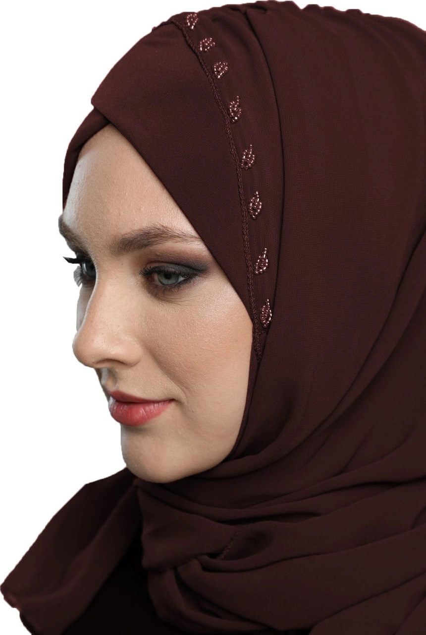 Şallı Takmatik Taşlı Kahve Hazır Türban Tesettür Bone Namaz Örtüsü Kahve