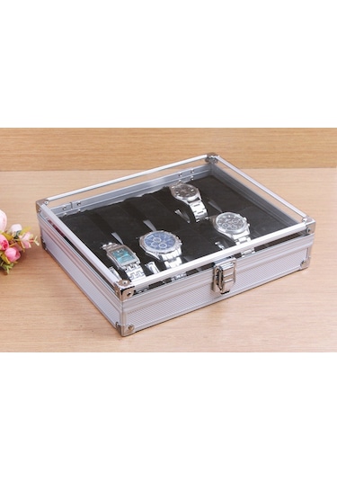 12 Yuvalı Mücevher Saati Ekran Saklama Kutusu Dikdörtgen Alüminyum Alaşımlı Saat Kutusu Tutucu Özellikleri: 26 21 6.7cm