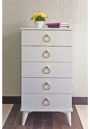 Şifonyer 5 Çekmece Beyaz/Altın