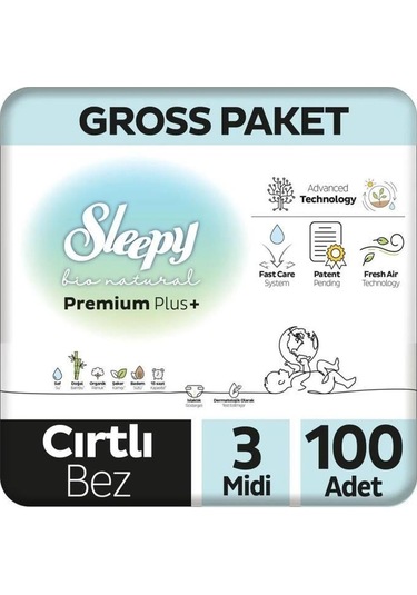 Nessiworld Sleepy Bio Natural Bebek Bezi Gross Paket 3 Beden 4-9 Kg 100 Adet-39086
