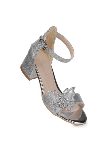 Kiko Kids Zete Kum Simli Kız Çocuk 4 Cm Topuklu Sandalet Abiye Ayakkabı Gümüş Gümüş