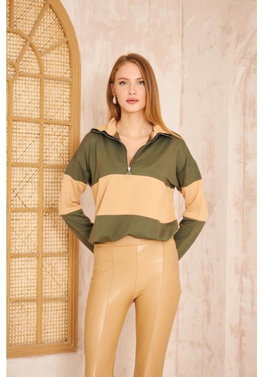 Kadın Uzun Kol Fermuarlı Polo Yaka Color Block Basic Salaş Sweatshirt Bluz 3471210 Haki