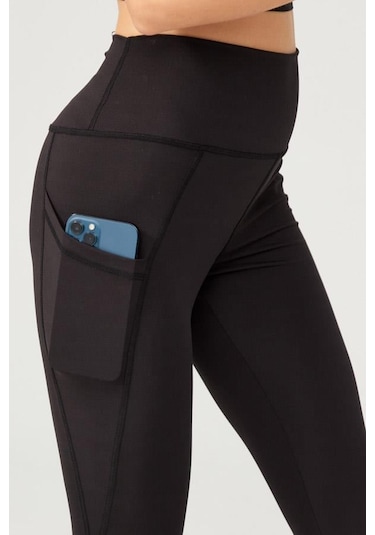 Siyah Yüksek Bel Çift Cepli İspanyol Paça Kadın Tayt SiYAH Siyah