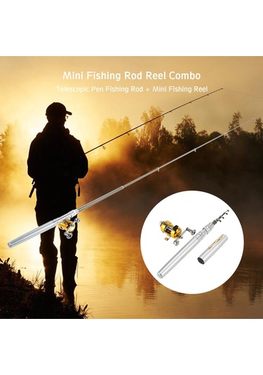 Mufunye Alüminyum Çelik Mini Balıkçılık Seti - 99cm Uzatılabilir Kalem Şeklinde Kamış + Makara + İp + Yem Kutusu Gümüş Gümüş