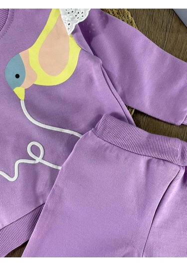 Omuzda Dantel Detaylı Kuş Baskılı Takım Mor
