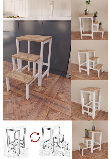 Hidden Folding Çok Amaçlı Katlanır Merdiven Çiçeklik Sehpa Beyaz