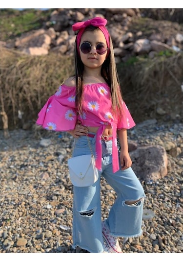 Modavals İspanyol Paça Yırtık Detaylı 4 Parça Kız Çocuk Kotlu Takım Çok Renkli