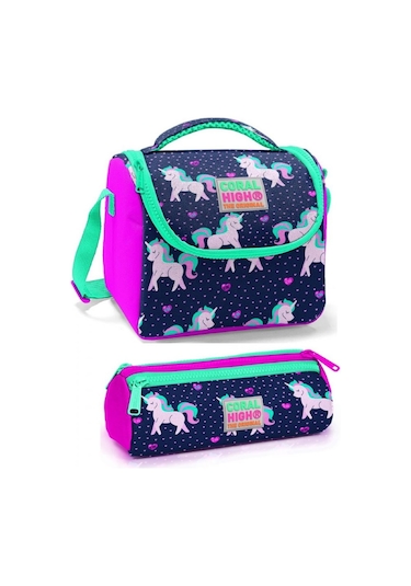 Coral High Kız Çocuk Mor Pembe Unicorn Beslenme Çantası Seti
