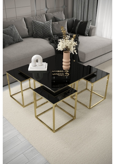 4+1 Gold Kaplama Siyah Ayna Orta Sehpa