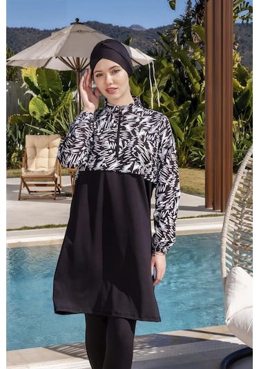 Mayom Tam Kapalı Crop Model Çizgi Desenli Tesettür Mayo - 2524 Siyah-beyaz