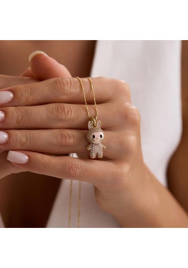 Labubu Kolye 14 Ayar Toz Pembe 2,5-1,5 Cm T14394 Renkli