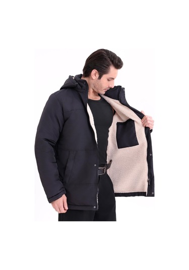 Erkek İçi Kürklü Çıkma Kapüşon Su Ve Rüzgar Geçirmez Kapüşonlu Kışlık Mont & Kaban & Parka Siyah