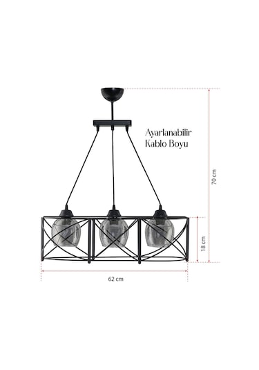 Üçlü Curva Sıralı Metal Avize Füme Rengi Camlı Siyah