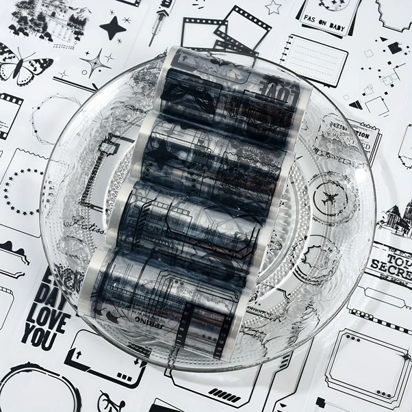 Gateesat 4 Rulo Zabc Zaman Parçacıkları Dekoratif Şerit Su Geçirmez Pet Scrapbooking Günlük Dıy