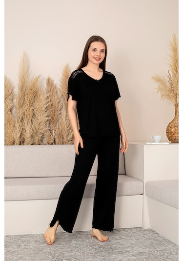 Bambu Kumaş Büyük Beden Kadın Dantelli Kısa Kollu Pijama Takımı Yumuşak, Nefes Alabilir, Şık Ve Rahat, M-5xl Bordo