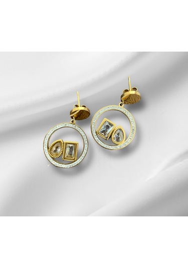 Özel Seri Altın Kaplama Beyaz Mineli Çelik Küpe