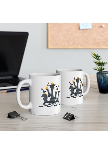 Satranç Temalı Baskılı İkili Kupa Bardak Çok Renkli