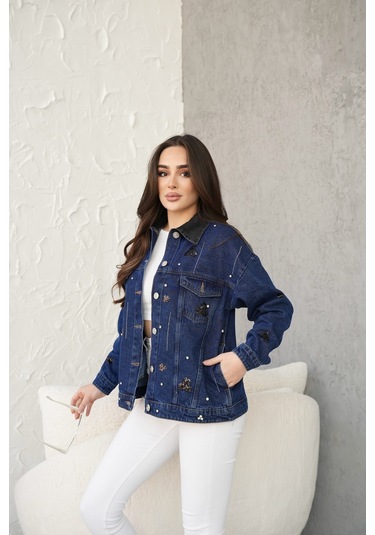 Kadın Cep Detaylı Tasarım Kot Ceket Mavi