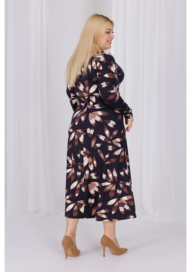 Kadın Siyah Kahve Floral Desen Kruvaze Yaka Büyük Beden Esnek Maxi Elbise Siyah - Kahve
