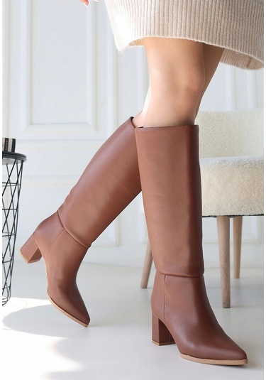 Roksa Taba Cilt Topuklu Çizme Taba