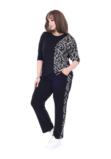 Melsay Butik Siyah Truvakar Kol Yarım Zigzag Garnili Viskon Büyük Beden Takım Siyah